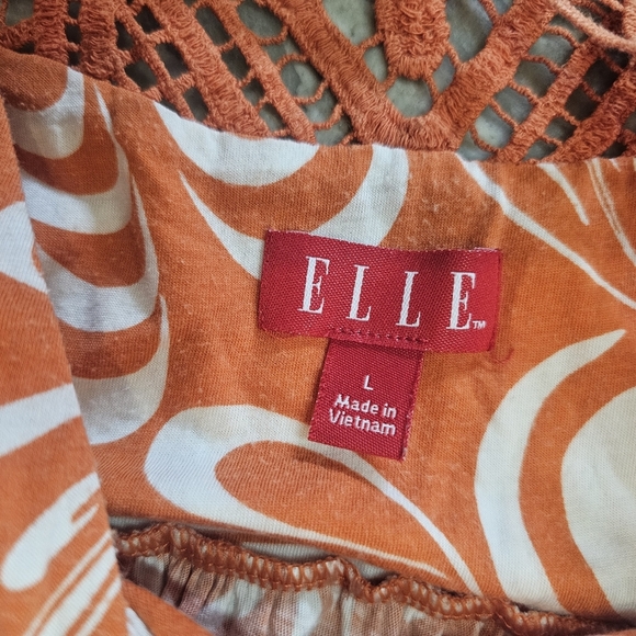 ELLE Orange White Print Sleeveless Dress Large Crochet Racerback - Picture 6 of 10